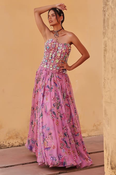 Label Moni K Lavender Organza Sequins, Embroidery Printed Designer Lehenga And Corset 
