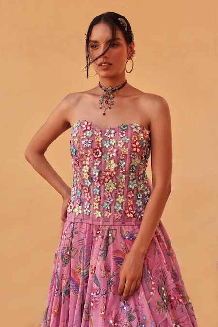 Shop Label Moni K Lavender Organza Sequins, Embroidery Printed Designer Lehenga And Corset Online at Aza Fashions Shop_Label Moni K_Lavender Organza Sequins, Embroidery Printed Designer Lehenga And Corset _Online_at_Aza_Fashions