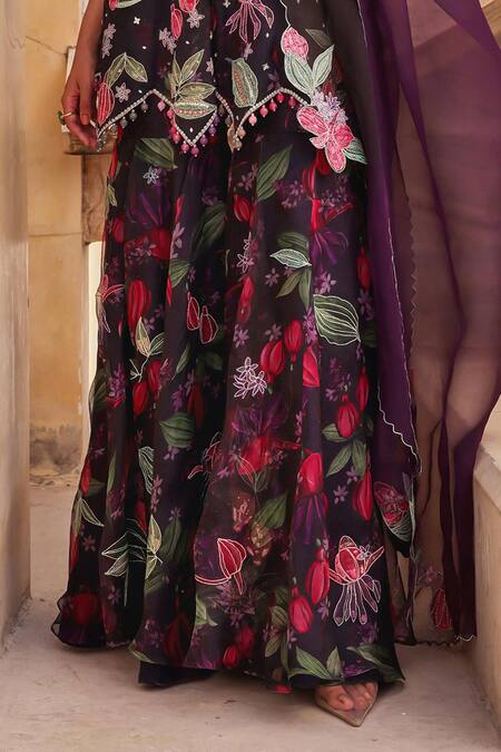 Label Moni K_Black Organza Embroidery V-neck Floral Kurta Gharara Set _Online_at_Aza_Fashions