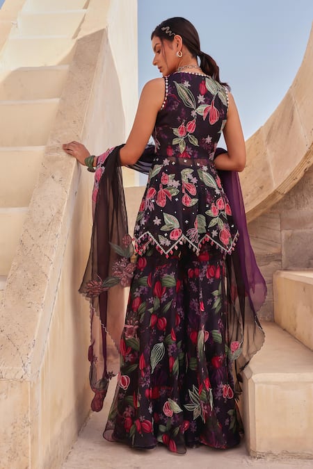 Shop_Label Moni K_Black Organza Embroidery V-neck Floral Kurta Gharara Set _at_Aza_Fashions