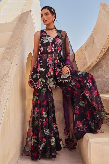 Shop_Label Moni K_Black Organza Embroidery V-neck Floral Kurta Gharara Set _Online_at_Aza_Fashions