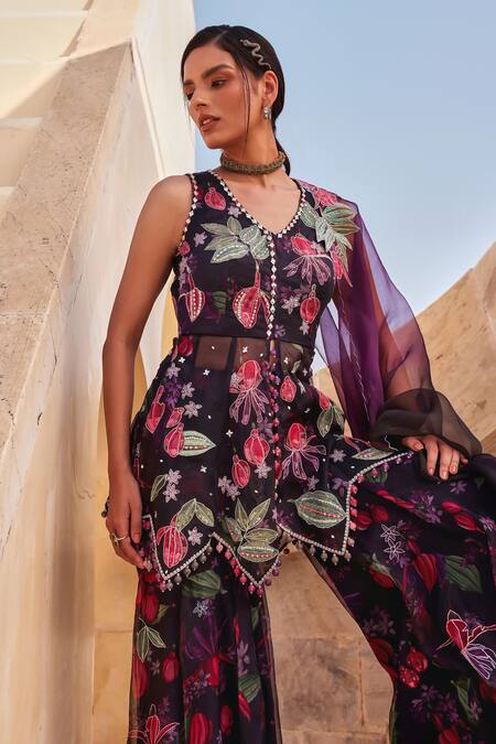 Label Moni K_Black Organza Embroidery V-neck Floral Kurta Gharara Set _at_Aza_Fashions