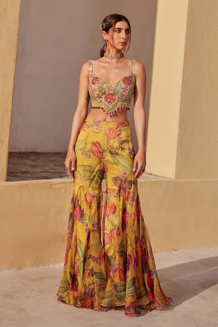 Label Moni K_Yellow Organza Embroidery Scoop Neck Floral Sharara Set _Online_at_Aza_Fashions