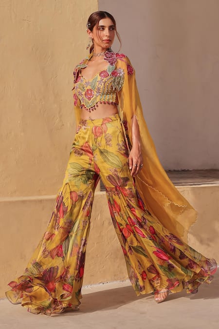 Buy_Label Moni K_Yellow Organza Embroidery Scoop Neck Floral Sharara Set _Online_at_Aza_Fashions