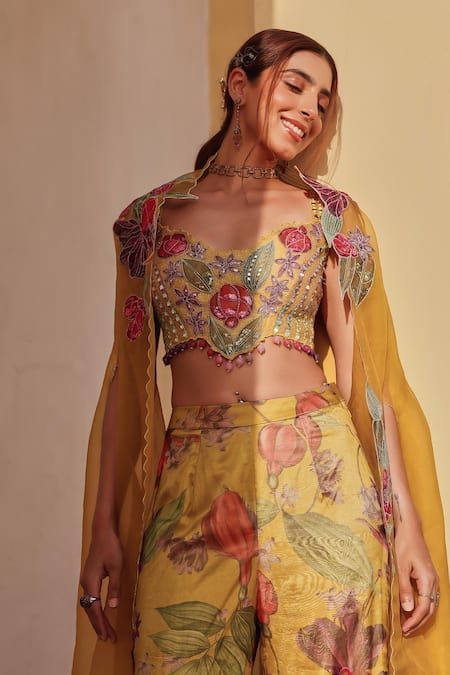 Shop_Label Moni K_Yellow Organza Embroidery Scoop Neck Floral Sharara Set _Online_at_Aza_Fashions
