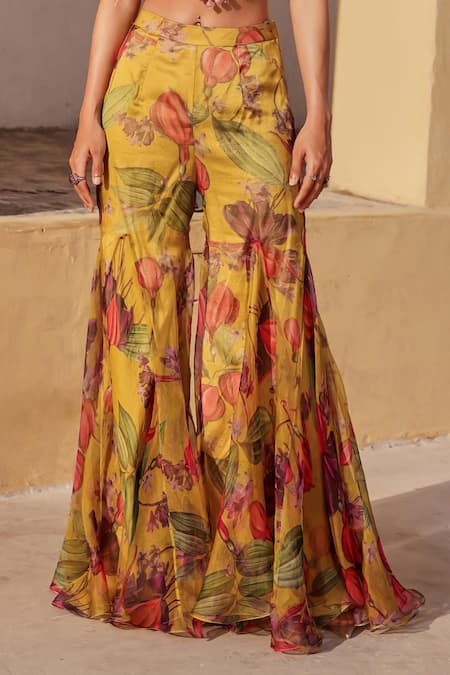 Label Moni K_Yellow Organza Embroidery Scoop Neck Floral Sharara Set _at_Aza_Fashions