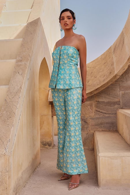 Label Moni K Light Blue Sequined Corset & Pant Set 