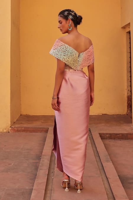 Label Moni K Multi Color Blouse & Draped Skirt Set 