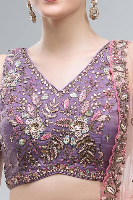 Samyukta Singhania_Purple Tissue, Net Embroidery, Beads, Sequins, Zari, Stones V-neck Lehenga Set_Online_at_Aza_Fashions