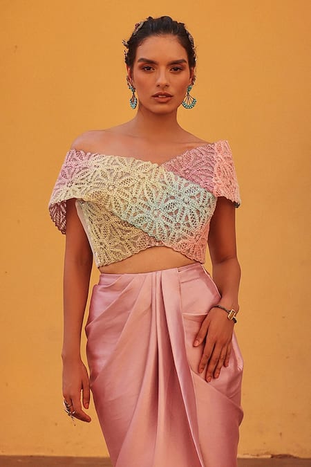 Buy_Label Moni K_Multi Color Off-shoulder Blouse And Draped Skirt Set _Online_at_Aza_Fashions