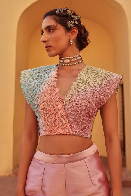 Label Moni K_Multi Color Kota Doria Embroidery V-neck Knitted Top And Dual Tone Pant Set _Online_at_Aza_Fashions