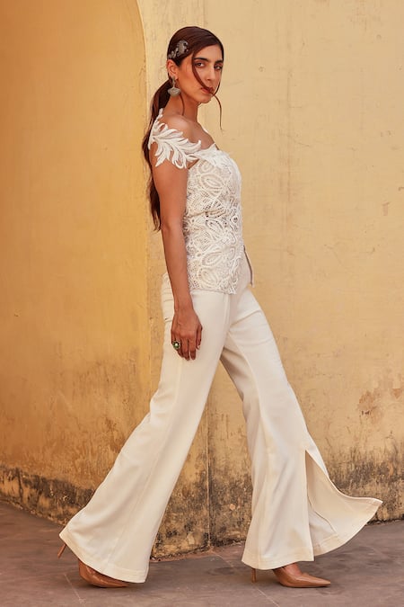 Buy_Label Moni K_Off White Crepe Embroidery Designer Top And Pant Set _Online_at_Aza_Fashions