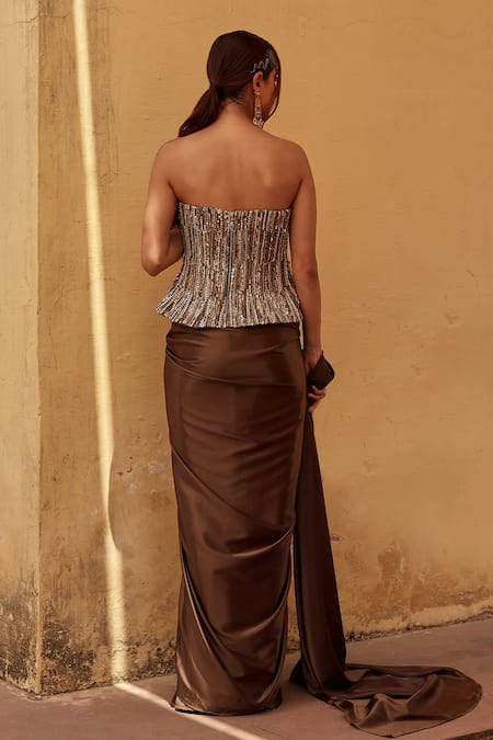 Label Moni K Brown Corset with Pre-draped Saree 