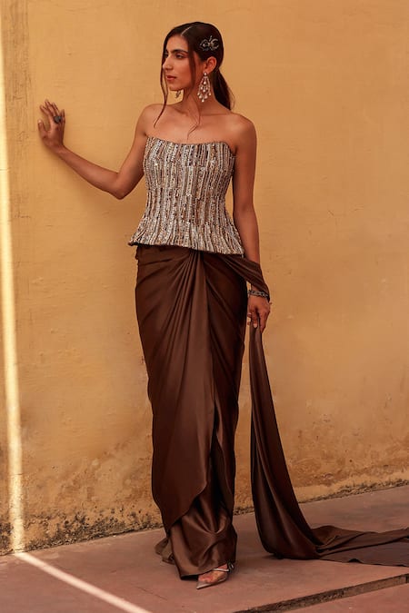 Buy_Label Moni K_Brown Net, Satin Beads, Sequins Corset With Pre-draped Saree _Online_at_Aza_Fashions