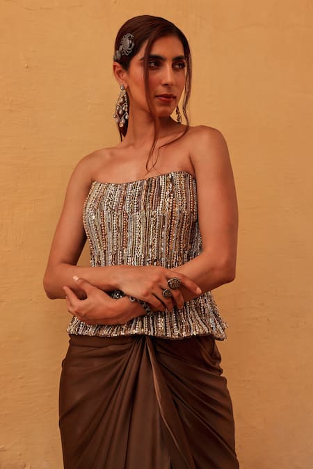 Shop_Label Moni K_Brown Net, Satin Beads, Sequins Corset With Pre-draped Saree _Online_at_Aza_Fashions