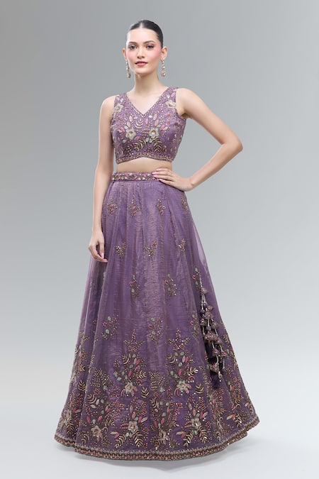 Buy_Samyukta Singhania_Purple Tissue, Net Embroidery, Beads, Sequins, Zari, Stones V-neck Lehenga Set_Online_at_Aza_Fashions