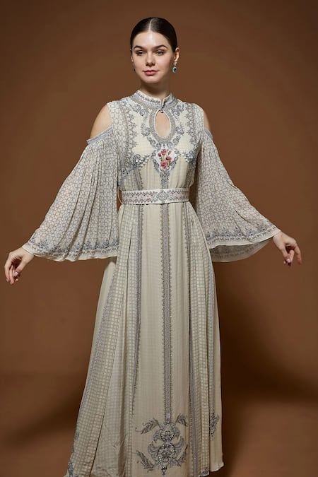 Nirraamyaa_Beige Georgette Rhinestones Keyhole Neck Embellished Maxi Dress _Online_at_Aza_Fashions
