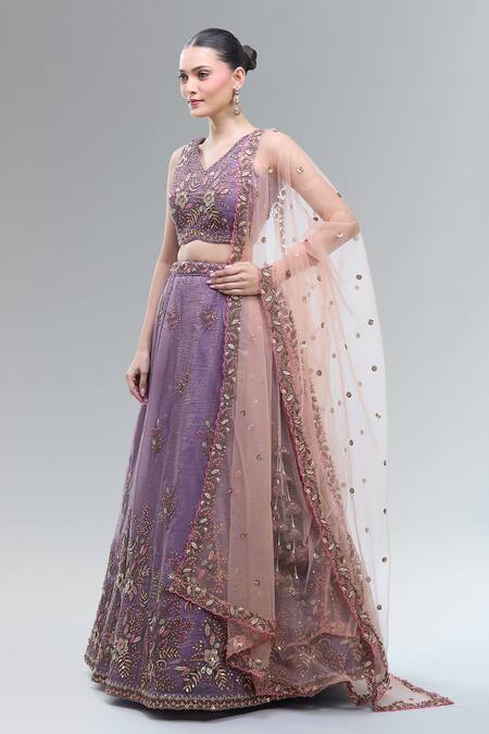 Samyukta Singhania_Purple Tissue, Net Embroidery, Beads, Sequins, Zari, Stones V-neck Lehenga Set_at_Aza_Fashions