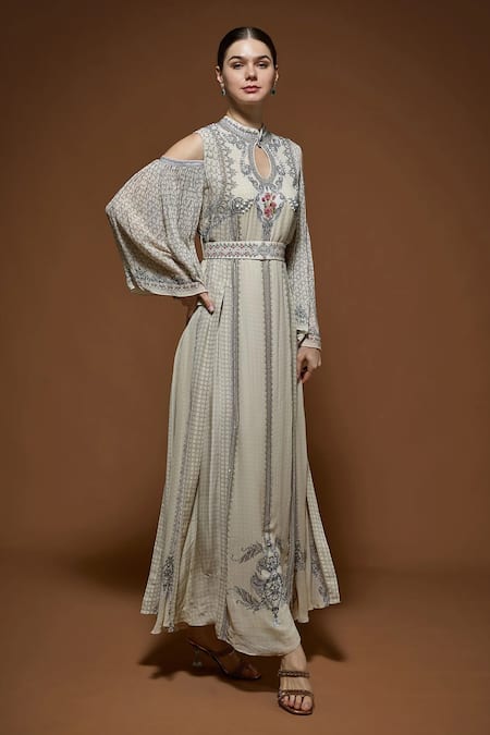Buy_Nirraamyaa_Beige Georgette Rhinestones Keyhole Neck Embellished Maxi Dress _Online_at_Aza_Fashions
