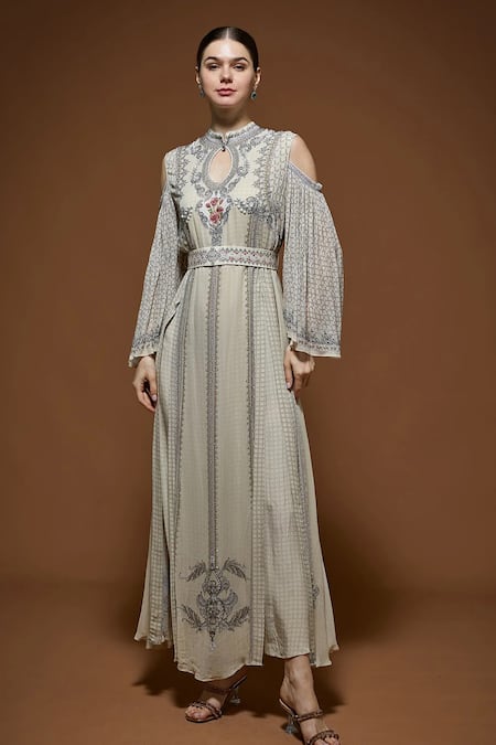 Shop_Nirraamyaa_Beige Georgette Rhinestones Keyhole Neck Embellished Maxi Dress _Online_at_Aza_Fashions