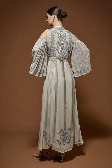 Nirraamyaa Beige Rhinestone Embellished Maxi Dress 