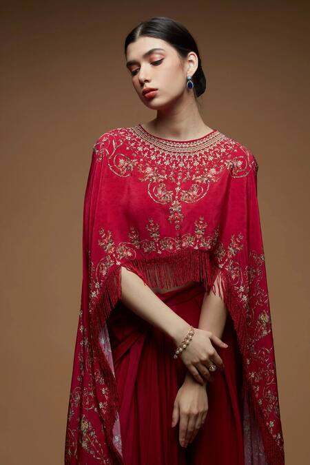Nirraamyaa_Red Crepe Rhinestones Round Neck Embroidered Cape Dhoti Skirt Set _Online_at_Aza_Fashions