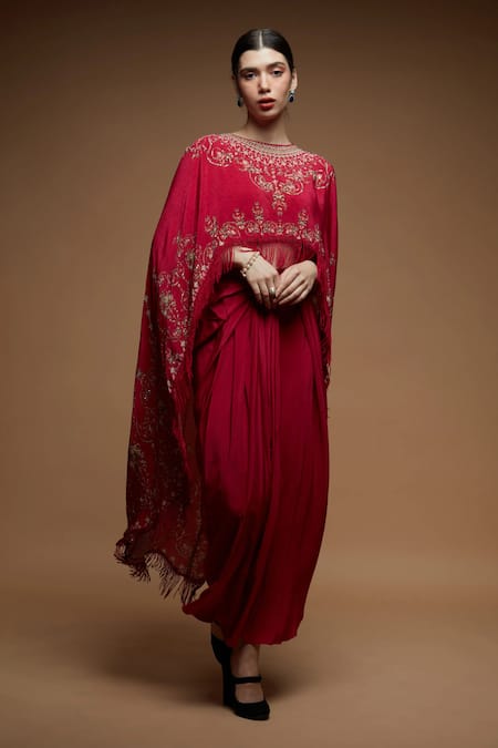 Buy_Nirraamyaa_Red Crepe Rhinestones Round Neck Embroidered Cape Dhoti Skirt Set _Online_at_Aza_Fashions