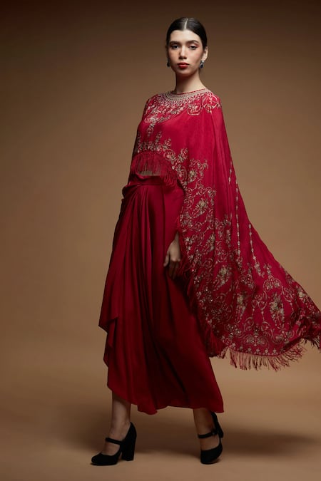 Shop_Nirraamyaa_Red Crepe Rhinestones Round Neck Embroidered Cape Dhoti Skirt Set _Online_at_Aza_Fashions