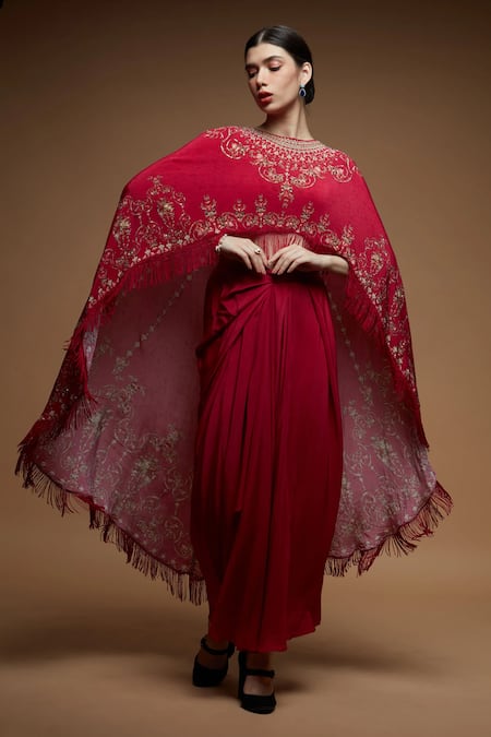 NIRRAAMYAA Red Crepe Rhinestones Round Neck Embroidered Cape Dhoti Skirt Set 