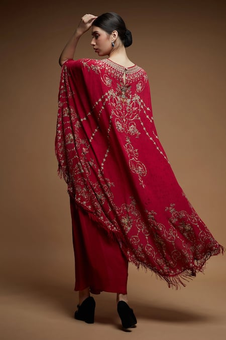 Nirraamyaa Red Embroidered Cape Dhoti Skirt Set 