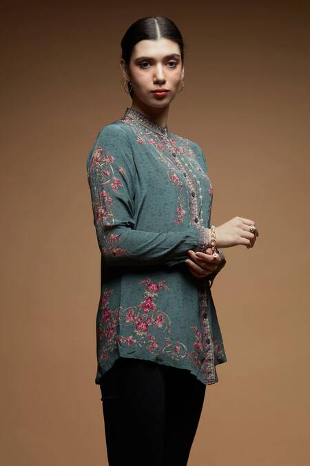 Nirraamyaa Aqua Crepe Rhinestones Collared Designer Pale Embroidered Shirt Online at Aza Fashions Nirraamyaa_Aqua Crepe Rhinestones Collared Designer Pale Embroidered Shirt _Online_at_Aza_Fashions