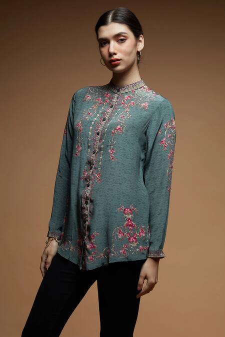 Buy Nirraamyaa Aqua Crepe Rhinestones Collared Designer Pale Embroidered Shirt Online at Aza Fashions Buy_Nirraamyaa_Aqua Crepe Rhinestones Collared Designer Pale Embroidered Shirt _Online_at_Aza_Fashions