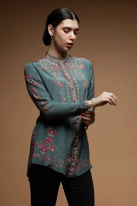 Shop Nirraamyaa Aqua Crepe Rhinestones Collared Designer Pale Embroidered Shirt Online at Aza Fashions Shop_Nirraamyaa_Aqua Crepe Rhinestones Collared Designer Pale Embroidered Shirt _Online_at_Aza_Fashions