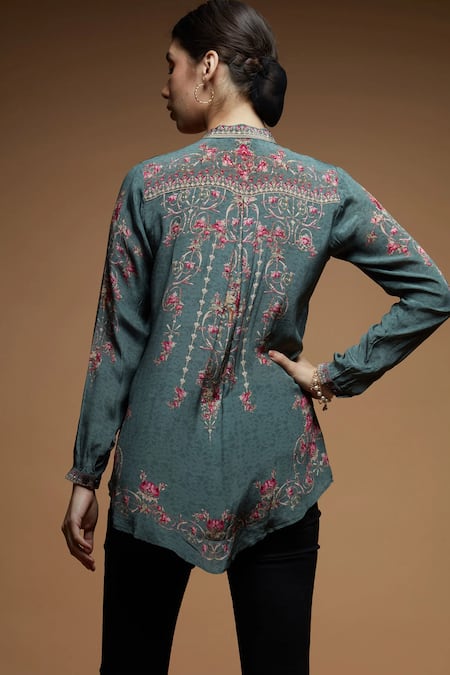 Shop Nirraamyaa Aqua Crepe Rhinestones Collared Designer Pale Embroidered Shirt at Aza Fashions Shop_Nirraamyaa_Aqua Crepe Rhinestones Collared Designer Pale Embroidered Shirt _at_Aza_Fashions