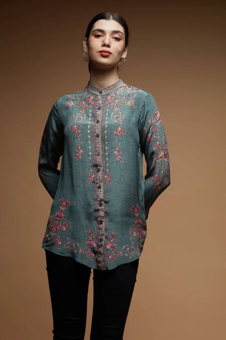 Nirraamyaa Aqua Crepe Rhinestones Collared Designer Pale Embroidered Shirt at Aza Fashions Nirraamyaa_Aqua Crepe Rhinestones Collared Designer Pale Embroidered Shirt _at_Aza_Fashions