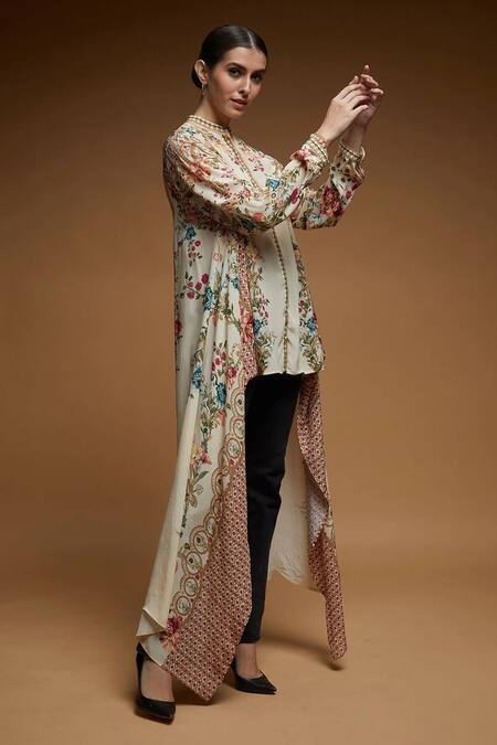 Nirraamyaa Beige Crepe Rhinestones Mandarin Collar Floral Print Shirt Online at Aza Fashions Nirraamyaa_Beige Crepe Rhinestones Mandarin Collar Floral Print Shirt _Online_at_Aza_Fashions