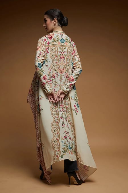 Shop Nirraamyaa Beige Crepe Rhinestones Mandarin Collar Floral Print Shirt at Aza Fashions Shop_Nirraamyaa_Beige Crepe Rhinestones Mandarin Collar Floral Print Shirt _at_Aza_Fashions