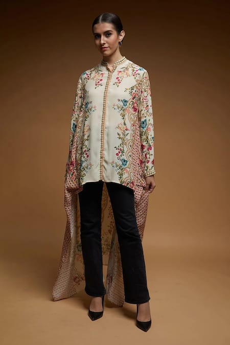 Buy Nirraamyaa Beige Crepe Rhinestones Mandarin Collar Floral Print Shirt Online at Aza Fashions Buy_Nirraamyaa_Beige Crepe Rhinestones Mandarin Collar Floral Print Shirt _Online_at_Aza_Fashions