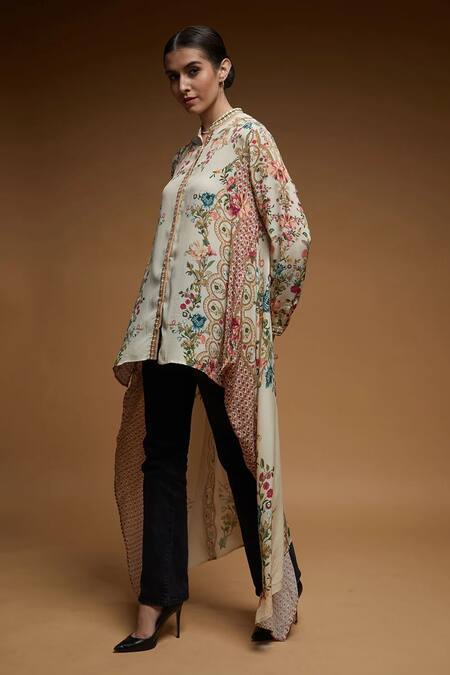Shop Nirraamyaa Beige Crepe Rhinestones Mandarin Collar Floral Print Shirt Online at Aza Fashions Shop_Nirraamyaa_Beige Crepe Rhinestones Mandarin Collar Floral Print Shirt _Online_at_Aza_Fashions