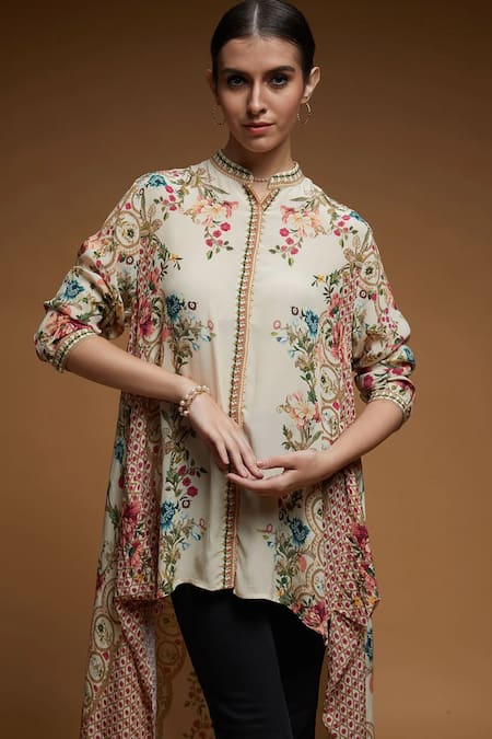 Buy Nirraamyaa Beige Crepe Rhinestones Mandarin Collar Floral Print Shirt Buy_Nirraamyaa_Beige Crepe Rhinestones Mandarin Collar Floral Print Shirt