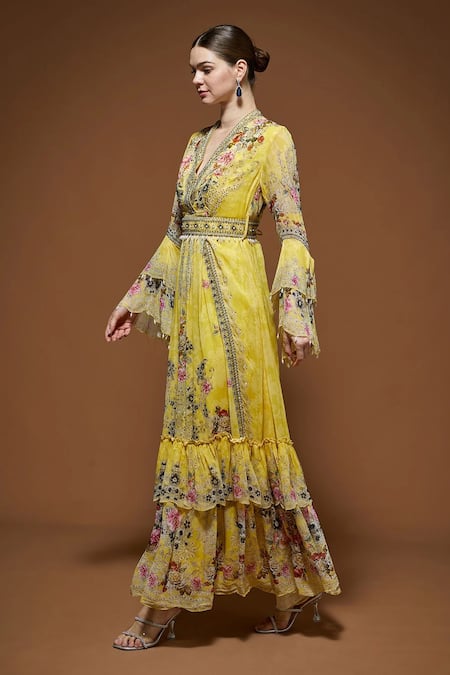 Nirraamyaa Yellow Viscose, Georgette Rhinestones, Embroidery Floral Maxi Dress With Belt Online at Aza Fashions Nirraamyaa_Yellow Viscose, Georgette Rhinestones, Embroidery Floral Maxi Dress With Belt _Online_at_Aza_Fashions
