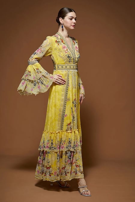 Buy Nirraamyaa Yellow Viscose, Georgette Rhinestones, Embroidery Floral Maxi Dress With Belt Online at Aza Fashions Buy_Nirraamyaa_Yellow Viscose, Georgette Rhinestones, Embroidery Floral Maxi Dress With Belt _Online_at_Aza_Fashions