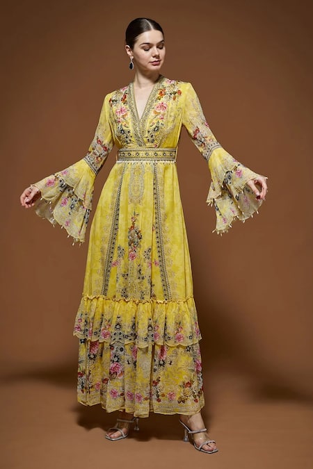 Shop Nirraamyaa Yellow Viscose, Georgette Rhinestones, Embroidery Floral Maxi Dress With Belt Online at Aza Fashions Shop_Nirraamyaa_Yellow Viscose, Georgette Rhinestones, Embroidery Floral Maxi Dress With Belt _Online_at_Aza_Fashions