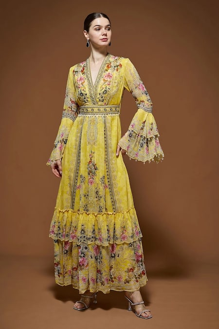 Nirraamyaa Floral Embroidered Maxi Dress With Belt 