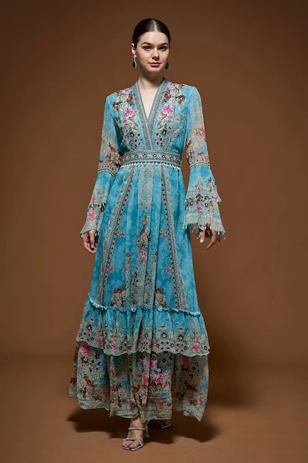 Buy_Nirraamyaa_Aqua Viscose, Georgette Rhinestones V-neck Blue Embellished Maxi Dress _Online_at_Aza_Fashions