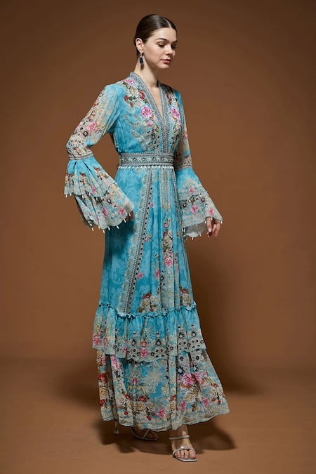 Shop_Nirraamyaa_Aqua Viscose, Georgette Rhinestones V-neck Blue Embellished Maxi Dress _Online_at_Aza_Fashions