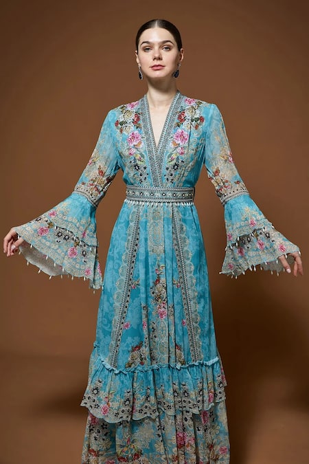 Nirraamyaa_Aqua Viscose, Georgette Rhinestones V-neck Blue Embellished Maxi Dress _at_Aza_Fashions