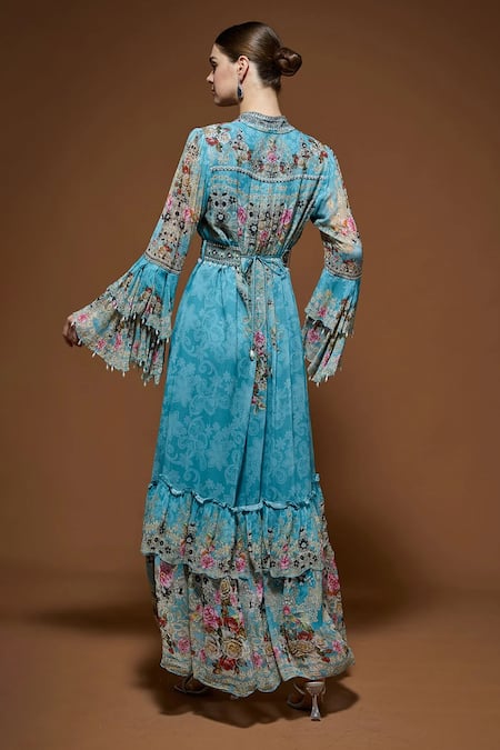 Nirraamyaa Aqua Blue Rhinestone Embellished Maxi Dress 