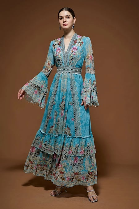 Nirraamyaa Aqua Blue Rhinestone Embellished Maxi Dress 