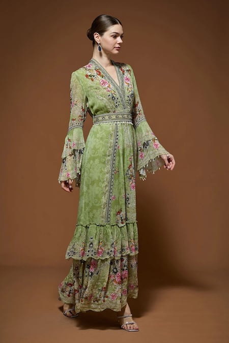 Nirraamyaa_Green Viscose, Georgette Rhinestones V-neck Floral Maxi Dress With Belt _Online_at_Aza_Fashions